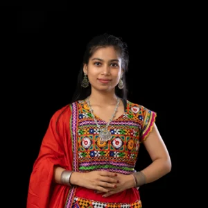 Black Mirror Work Ghagra Choli with Red Dupatta – Girls’ Garba Dance Costume